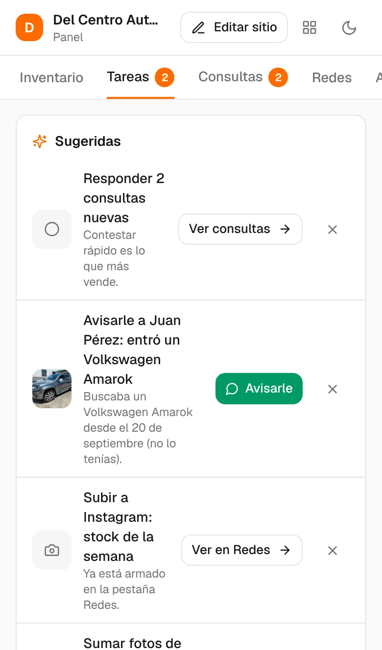 Aviso en Tareas para escribirle al interesado