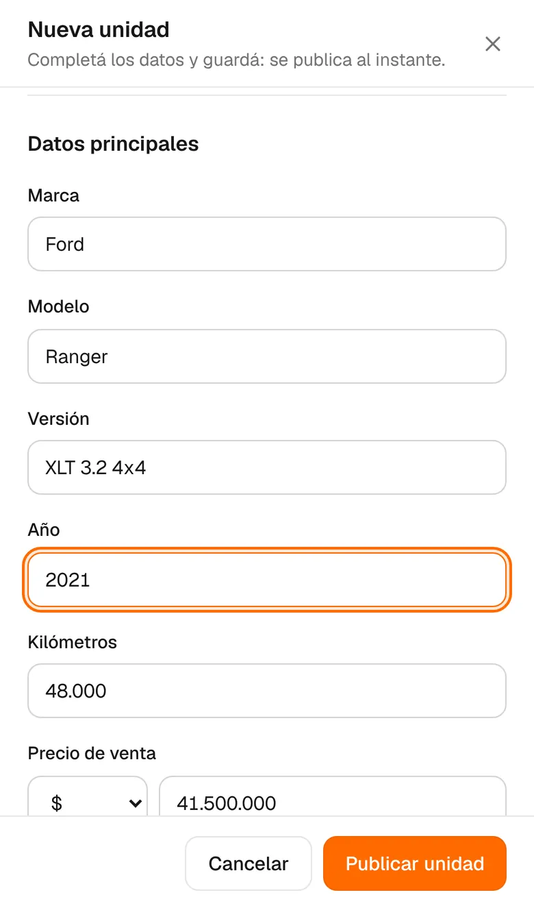 Formulario para cargar un auto desde el celular