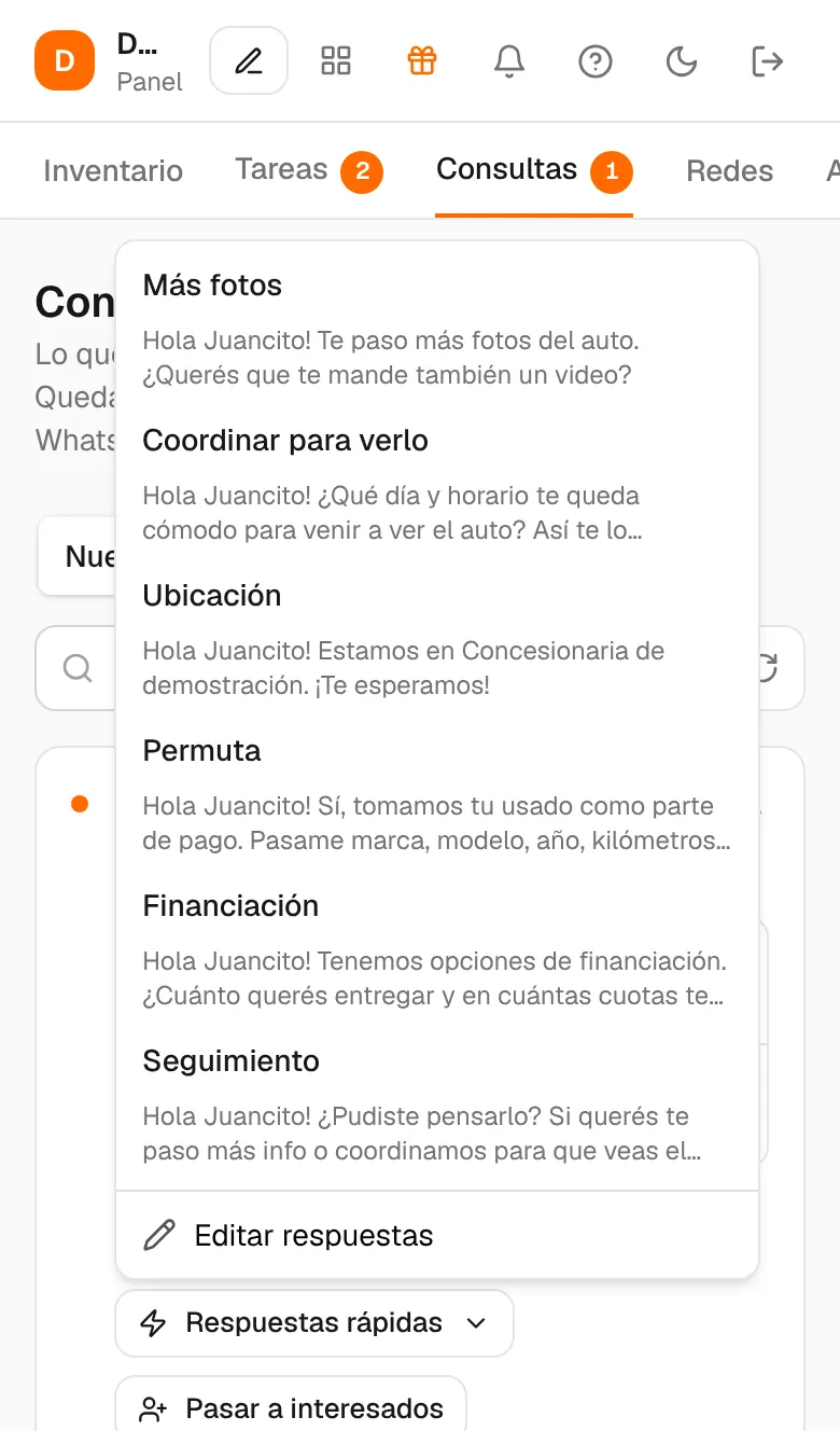 Respuestas rápidas para WhatsApp en el panel