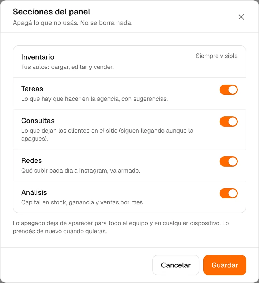 Elegir qué secciones se ven en el panel